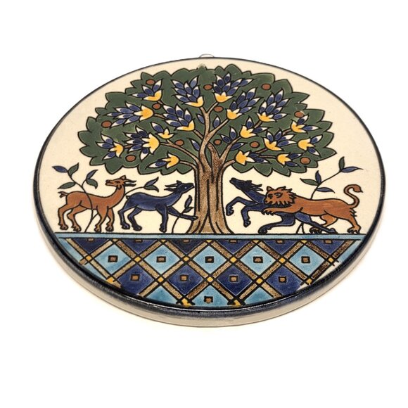 Vtg Jerusalem Old City Pottery Tree of Life Tile Round Lion Wall Hanging 6.5" - Picture 4 of 4